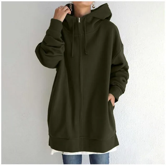 Zipper Hooded Long Velvet Lining Sweater Army Green - Shop at LoveMi