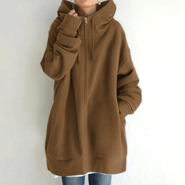 Zipper Hooded Long Velvet Lining Sweater Brown - Shop at LoveMi