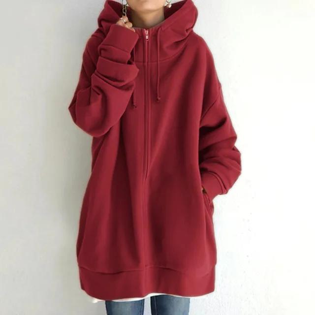 Zipper Hooded Long Velvet Lining Sweater Red - Shop at LoveMi