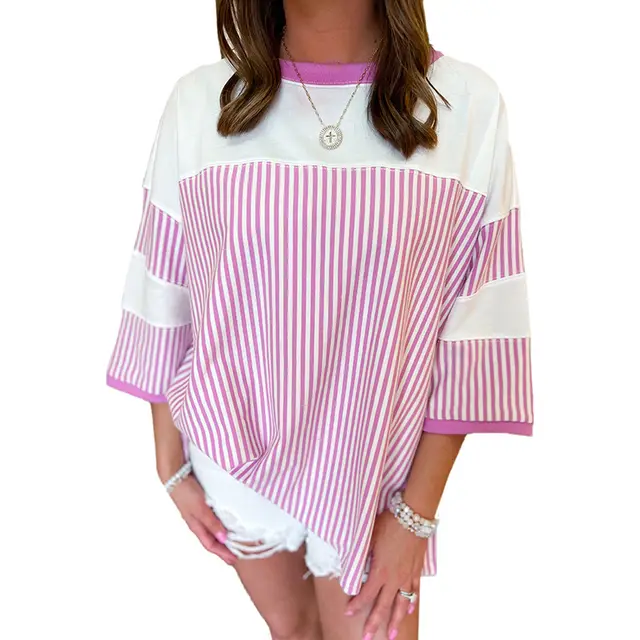 European And American Fashion Striped Color Matching Short sleeved T shirt For Women Pl252928 Pink - Shop at LoveMi