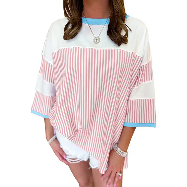 European And American Fashion Striped Color Matching Short sleeved T shirt For Women Pl252928P119 - Shop at LoveMi