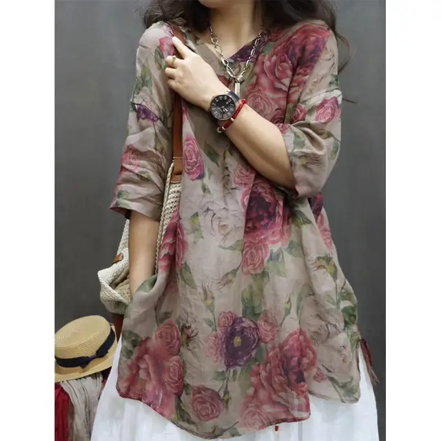Vintage Floral Print Mid length Sleeves V neck Ramie Loose Western Style Artistic Casual Shirt Khaki Pink - Shop at LoveMi