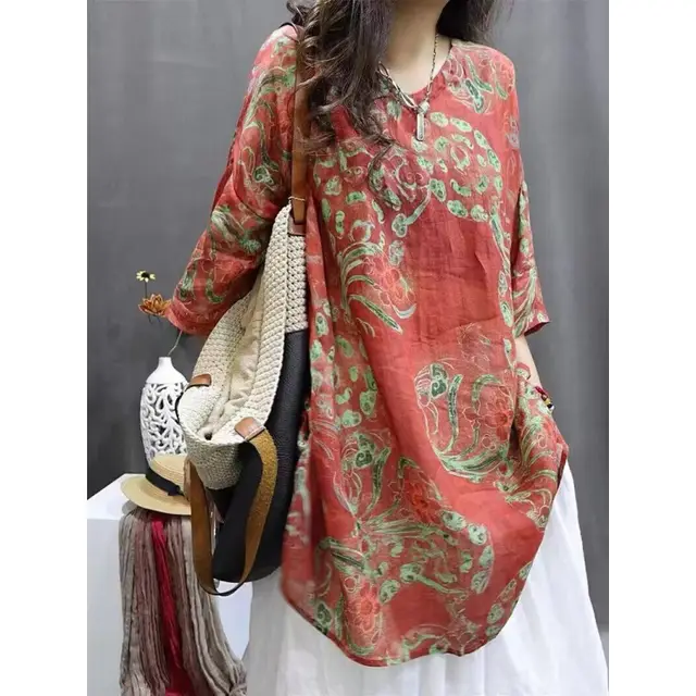 Vintage Floral Print Mid length Sleeves V neck Ramie Loose Western Style Artistic Casual Shirt Red - Shop at LoveMi