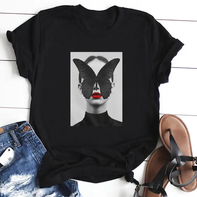 Top T shirt Modern Lady Feather Butterfly Black 01 - Shop at LoveMi