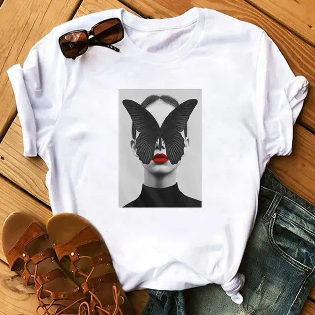 Top T shirt Modern Lady Feather Butterfly White 01 - Shop at LoveMi