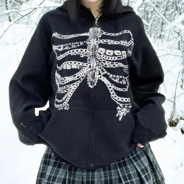 European And American Niche Dark Style Chain Bone Hooded Sweater Black - Shop at LoveMi