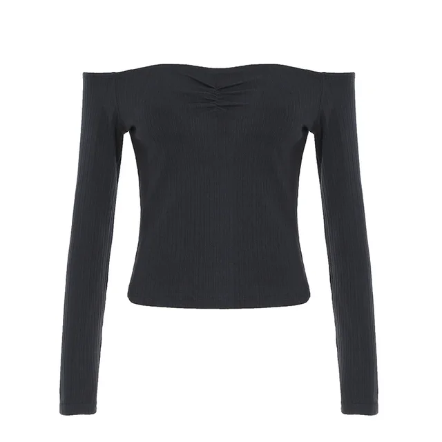 European And American Niche Pleated Off shoulder Top Women Gray - Shop at LoveMi
