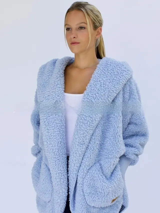 European And American Furry Coat Women's Fall Winter Hooded Pocket Design Cardigan Blue - Shop at LoveMi