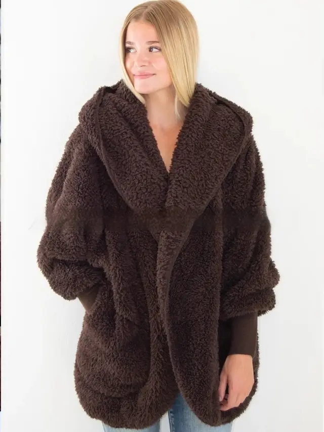 European And American Furry Coat Women's Fall Winter Hooded Pocket Design Cardigan Brown - Shop at LoveMi