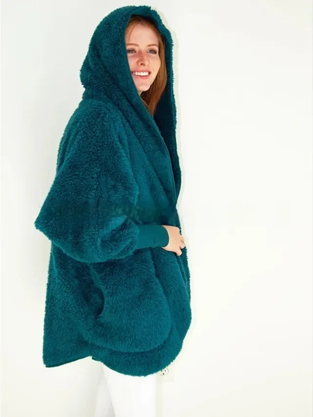 European And American Furry Coat Women's Fall Winter Hooded Pocket Design Cardigan Futian Blue - Shop at LoveMi