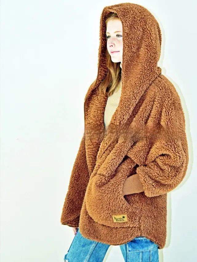 European And American Furry Coat Women's Fall Winter Hooded Pocket Design Cardigan Khaki - Shop at LoveMi