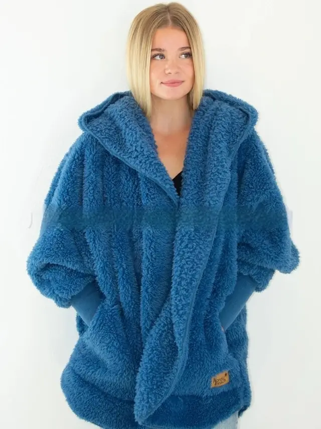 European And American Furry Coat Women's Fall Winter Hooded Pocket Design Cardigan Lake Blue - Shop at LoveMi