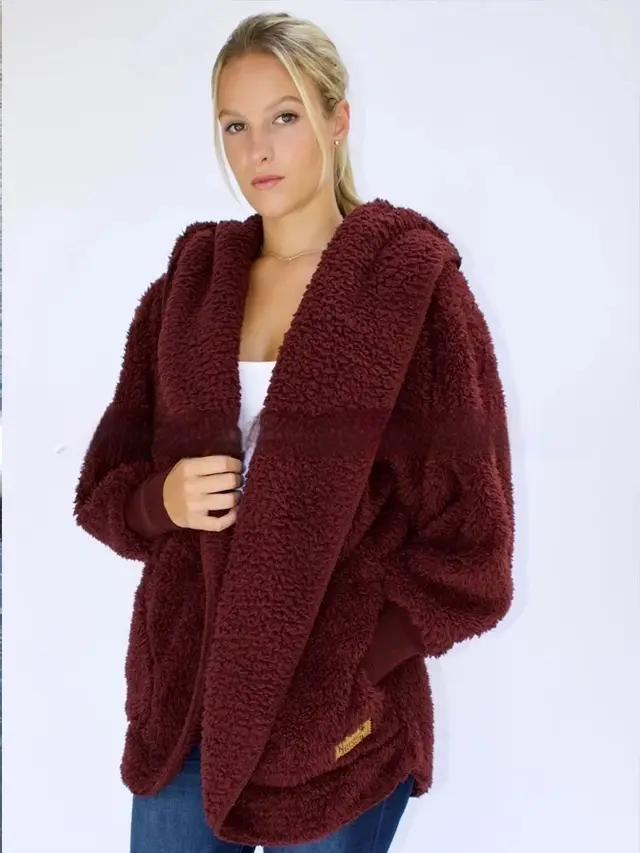 European And American Furry Coat Women's Fall Winter Hooded Pocket Design Cardigan Wine Red - Shop at LoveMi