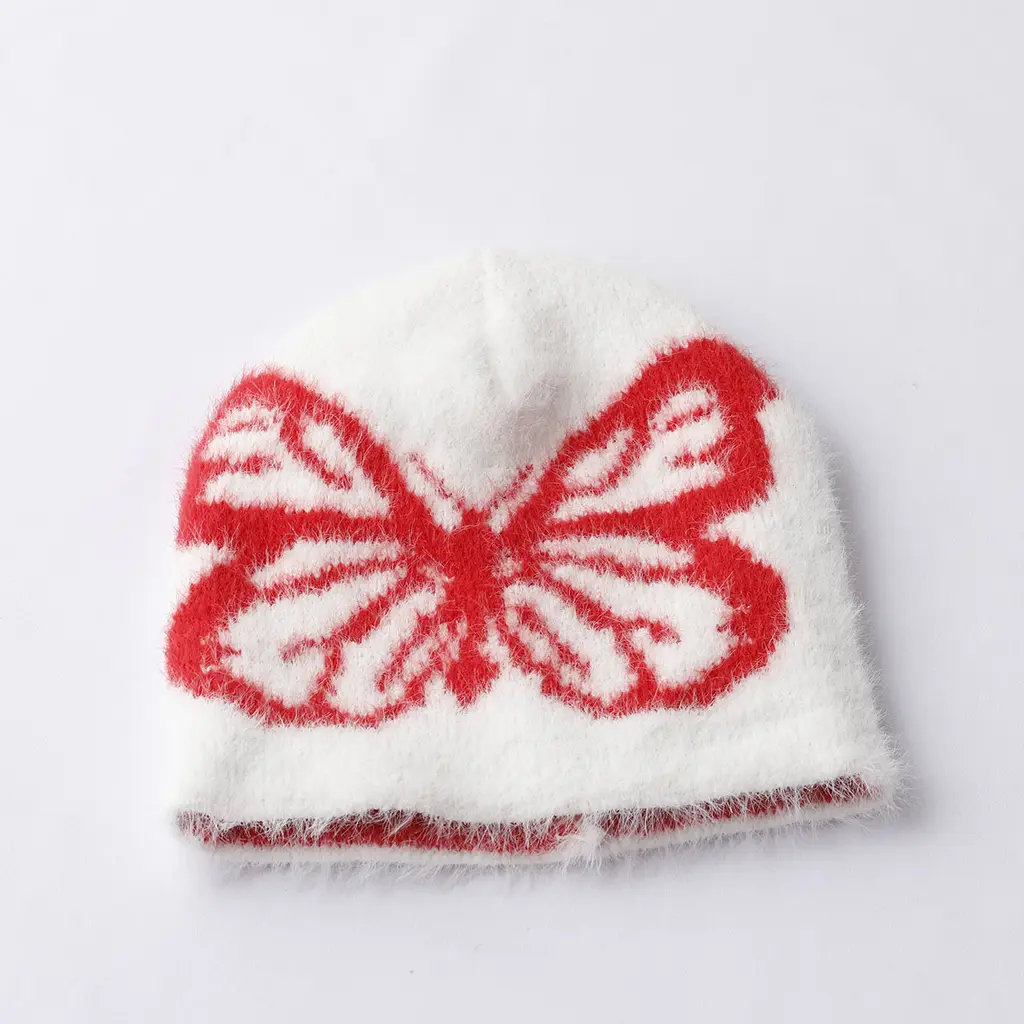 Fashion Cold-proof Warm And Cute Versatile Adult Printed Butterfly Jacquard Woolen Cap - White