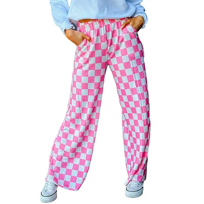 Spring New Chessboard Plaid Printed Casual All match Loose Wide leg Pants Pink - Shop at LoveMi