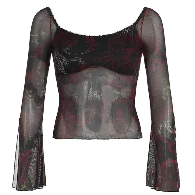 European And American Retro Mesh Floral Print Top Black - Shop at LoveMi