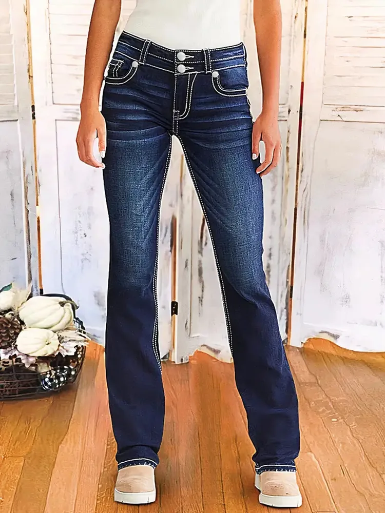 Women's Fashion Embroidered Denim Trousers Retro Navy - Shop at LoveMi