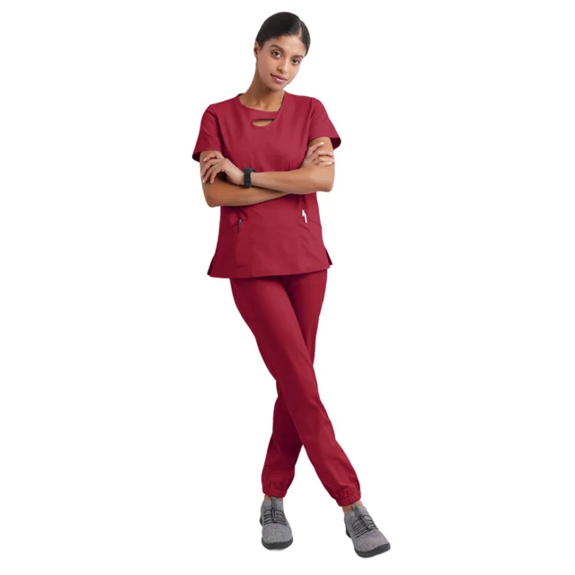 Short Sleeve Hollow Work Clothes Hospital Operating Room Hand washing Clothes Suit Wine Red - Shop at LoveMi