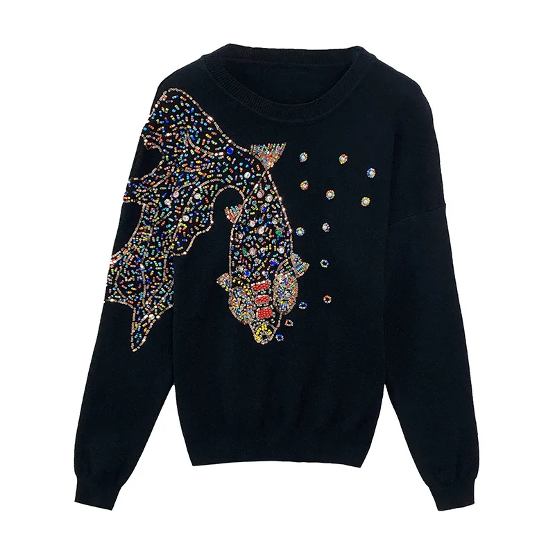 Women's Beads Rhinestones Goldfish Sequined Pullover Sweater Black - Shop at LoveMi