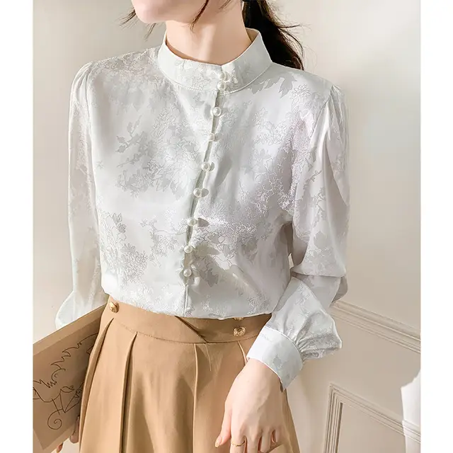 Stand Collar Long Sleeve Shirt Women's Design Beaded Western Style Inner Bottoming Top White - Shop at LoveMi