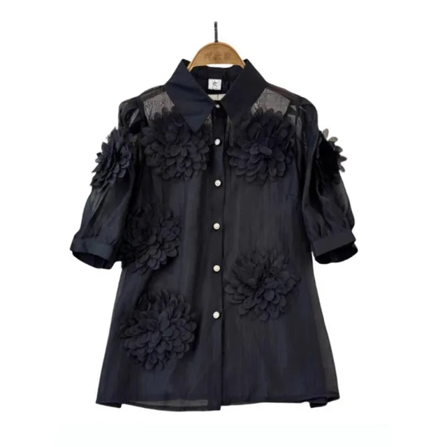 French Minority Unique Chic Shirt Three dimensional Flower Puff Sleeve Versatile Top Black - Shop at LoveMi
