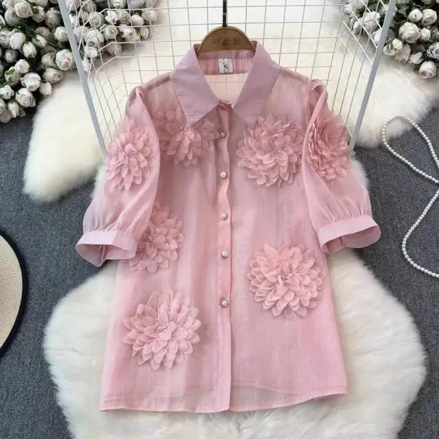French Minority Unique Chic Shirt Three dimensional Flower Puff Sleeve Versatile Top Pink - Shop at LoveMi