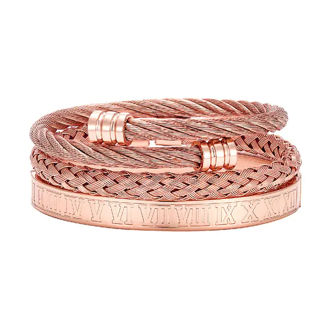 Cross border Men's Vintage Roman Numerals Stainless Steel Cylindrical Head Braided Titanium Steel Bracelet Bracelet Three piece Suit Rose Gold - Shop at LoveMi