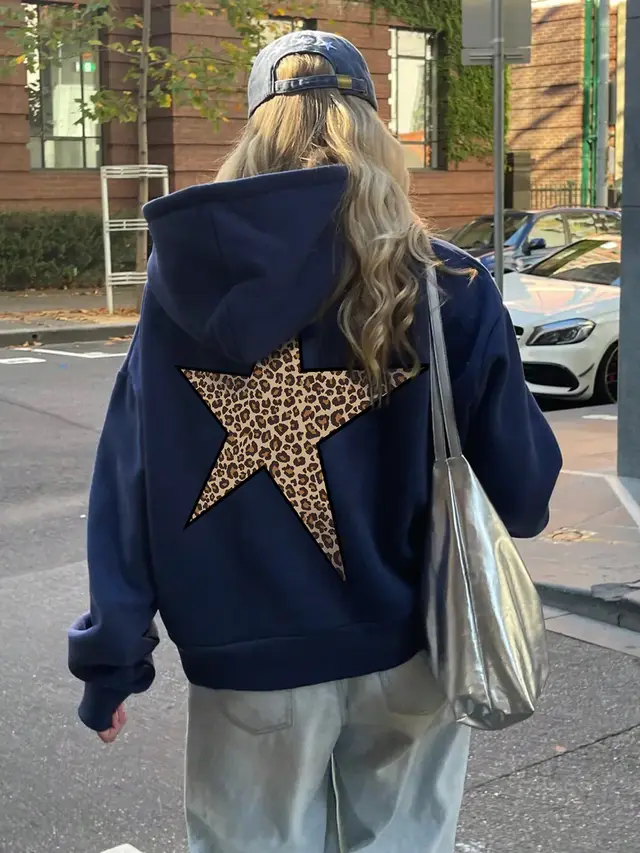 Women's Fashion XINGX Printed Loose Hooded Sweater Dark Blue - Shop at LoveMi
