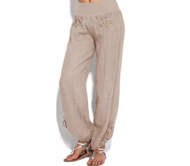 New Loose Button Decorations Casual Wide leg Trousers Women Apricot - Shop at LoveMi