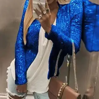 Women's Fashion Colorblock Sequins Short Casual Jacket - Colorful Blue - View 1