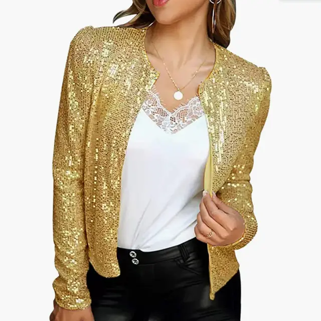 Women's Fashion Colorblock Sequins Short Casual Jacket Deep Gold - Shop at LoveMi