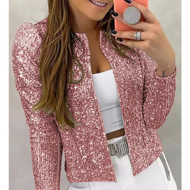 Women's Fashion Colorblock Sequins Short Casual Jacket Pink - Shop at LoveMi