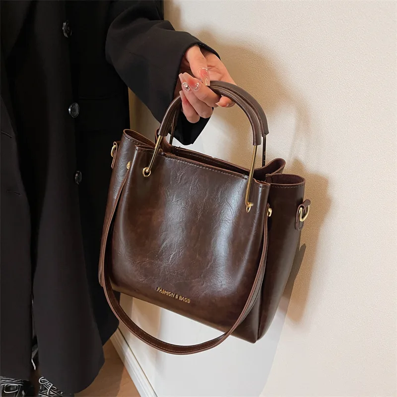 Retro Large Capacity Hand held Tote Bag Casual Crossbody Coffee - Shop at LoveMi