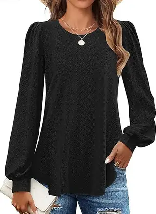 Women's Loose Casual Lantern Sleeve Long Sleeve T-shirt - Black