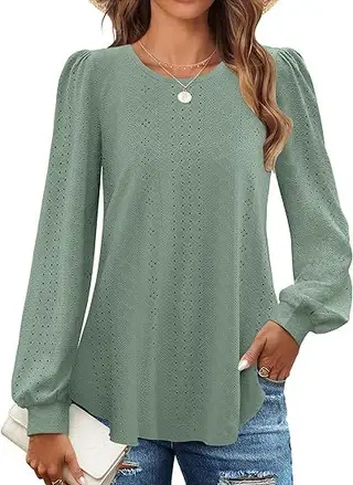 Women's Loose Casual Lantern Sleeve Long Sleeve T-shirt - Green
