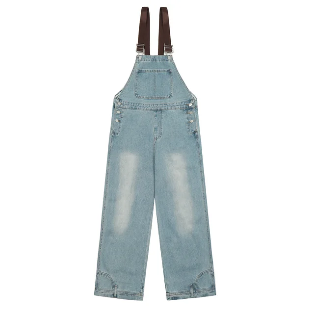 Retro Flip down Denim Brace Wide Leg Straight Casual Jumpsuit Blue - Shop at LoveMi