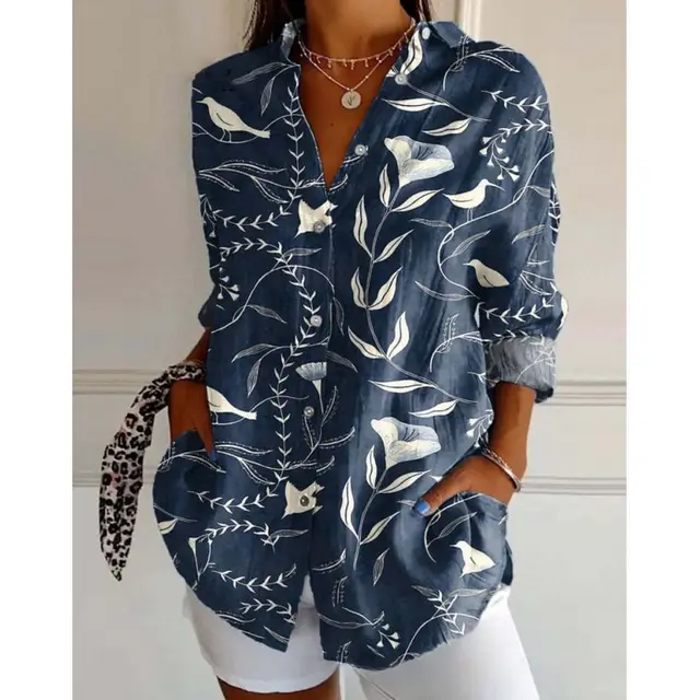 3D Color Matching Printing Pattern Autumn Leisure Loose Shirt Button Top 2 Models - Shop at LoveMi