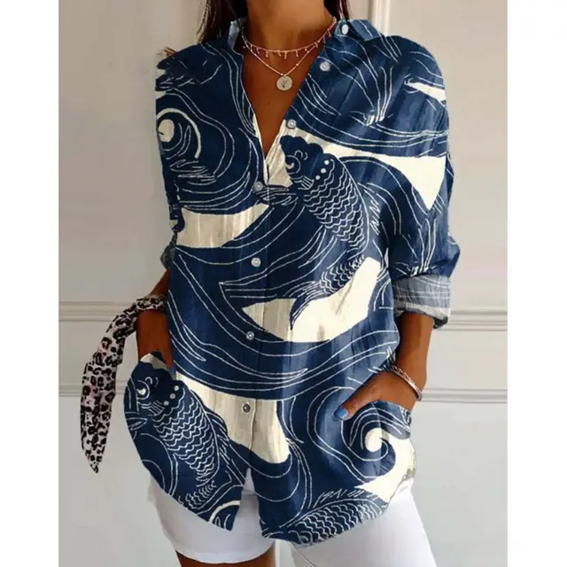 3D Color Matching Printing Pattern Autumn Leisure Loose Shirt Button Top 3 Models - Shop at LoveMi