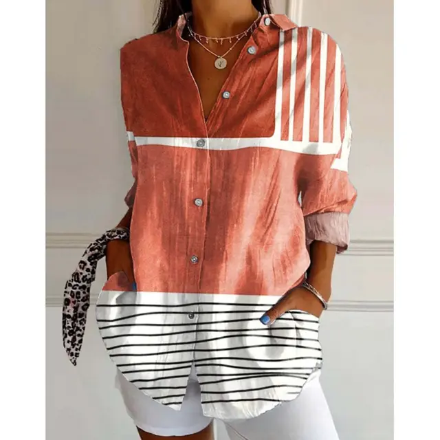 3D Color Matching Printing Pattern Autumn Leisure Loose Shirt Button Top 4 Models - Shop at LoveMi