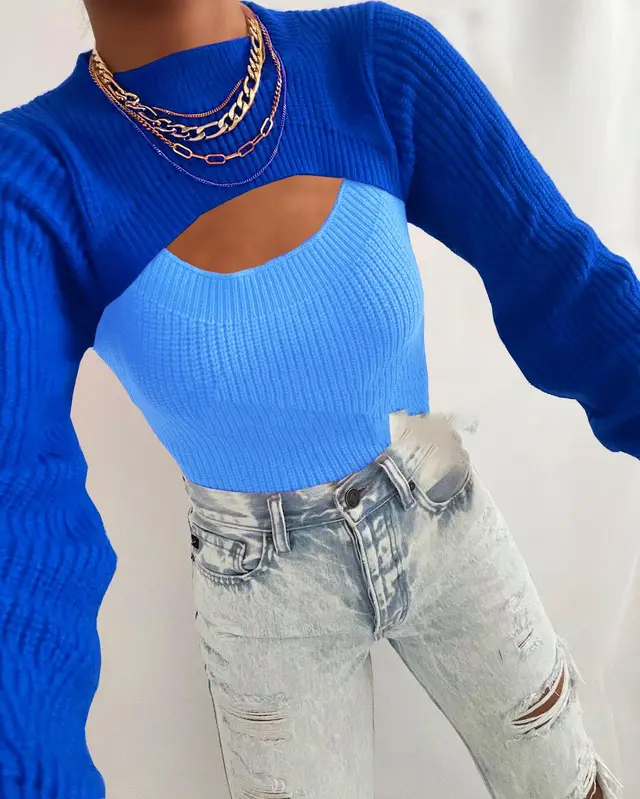 Early Autumn Sexy Topless Slim fit Solid Color Wool Sweater Base Clothing Blue - Shop at LoveMi