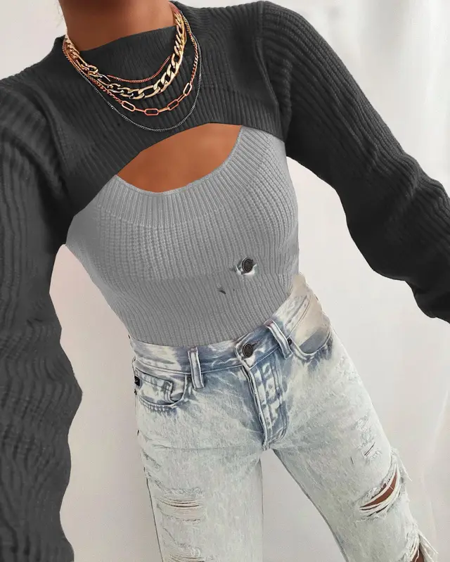 Early Autumn Sexy Topless Slim fit Solid Color Wool Sweater Base Clothing Dark Gray - Shop at LoveMi