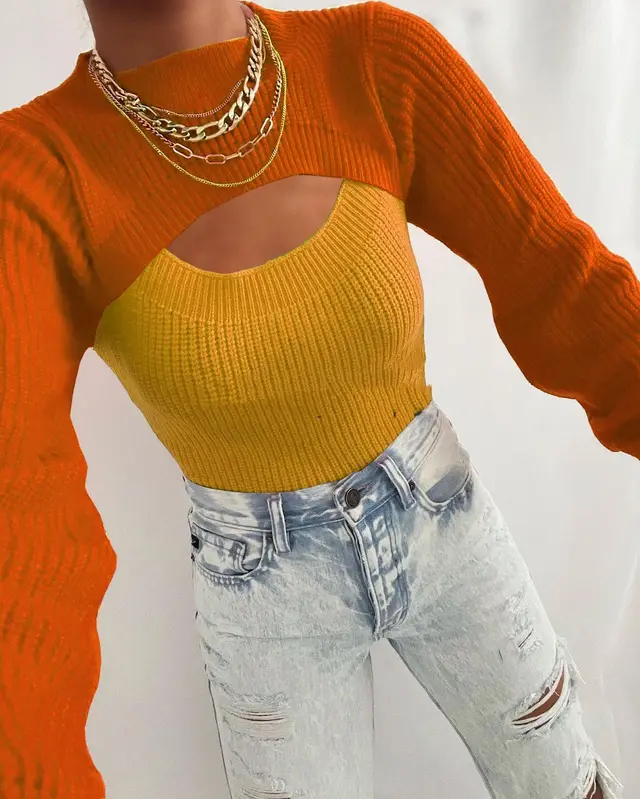 Early Autumn Sexy Topless Slim fit Solid Color Wool Sweater Base Clothing Yellow - Shop at LoveMi