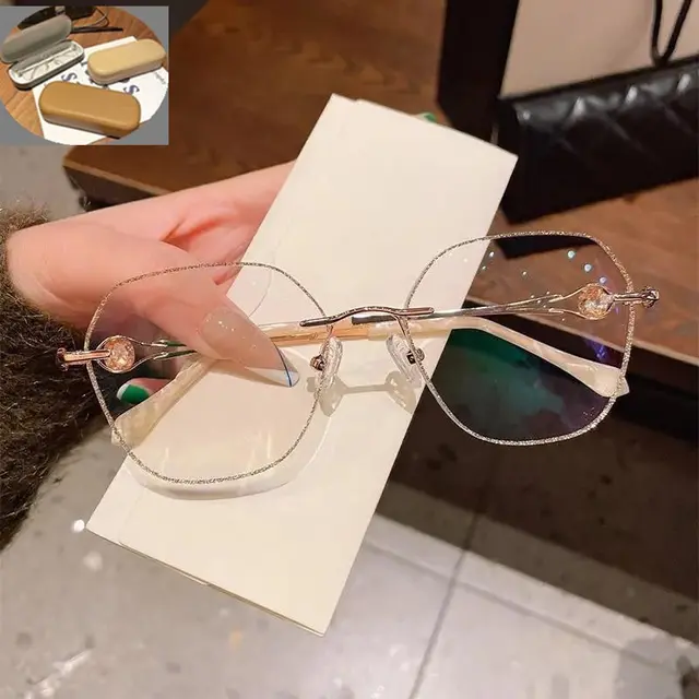 Champagne Gold Frameless Polygon Anti blue Light Women's Reading Glasses Silver Set - Shop at LoveMi
