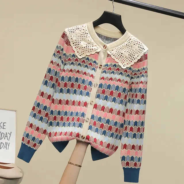Fashion Peter Pan Collar Retro Contrast Color Check Knitted Cardigan Top Picture Color - Shop at LoveMi