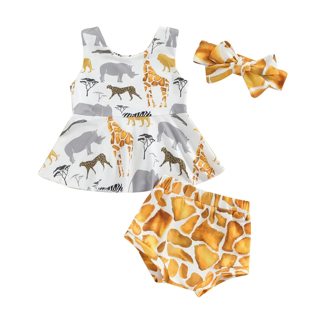 New Suit Girls' Animal Print Vest Shorts Hair Band 3-piece Set - White