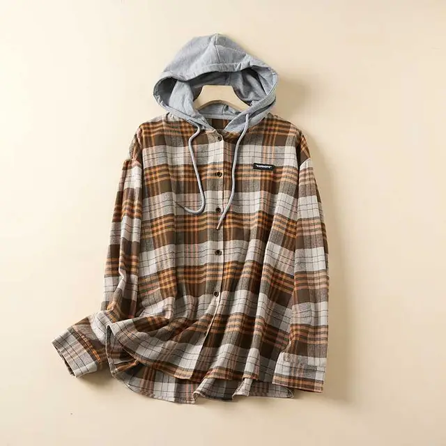 Women's Single breasted Plaid Thin Brushed Long Sleeve Shirt Artistic Casual Plus Size Yellow Gray Plaid - Shop at LoveMi