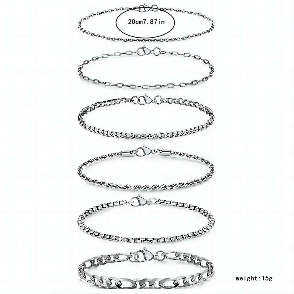 6-piece Set Fashion Beaded Snake Bones Chain Cuban Link Chain Suit Adjustable Bracelet - Silver 6Pcs