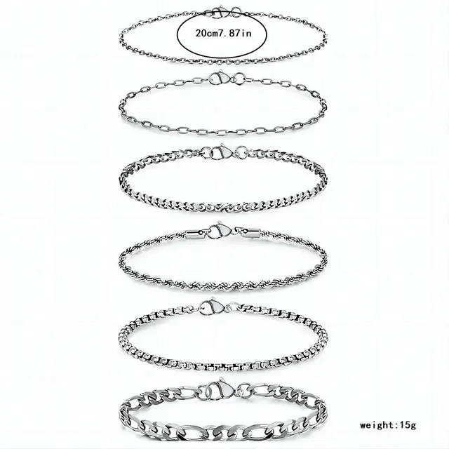 6 piece Set Fashion Beaded Snake Bones Chain Cuban Link Chain Suit Adjustable Bracelet Silver 6Pcs - Shop at LoveMi