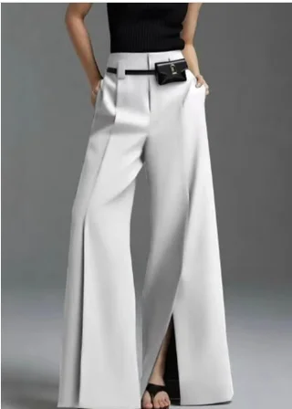 Fashion Casual Slit Solid Color Wide-leg Suit Pants - Beige White