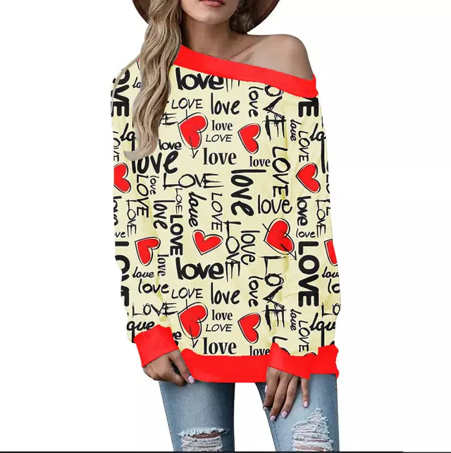 Women's Valentine's Day Pattern Printed Long Sleeve Loose Shoulder Sweater Sgoj101907 - Shop at LoveMi